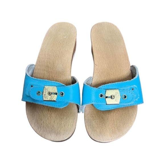VINTAGE Dr. School's The Original Wood Sandals Slides Blue Leather - Picture 1 of 7